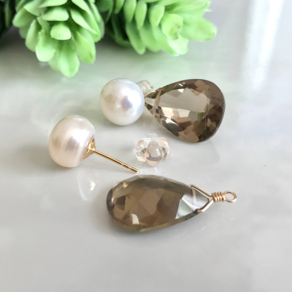 K14GF Freshwater pearl and Smoky quartz earrings 第3張的照片
