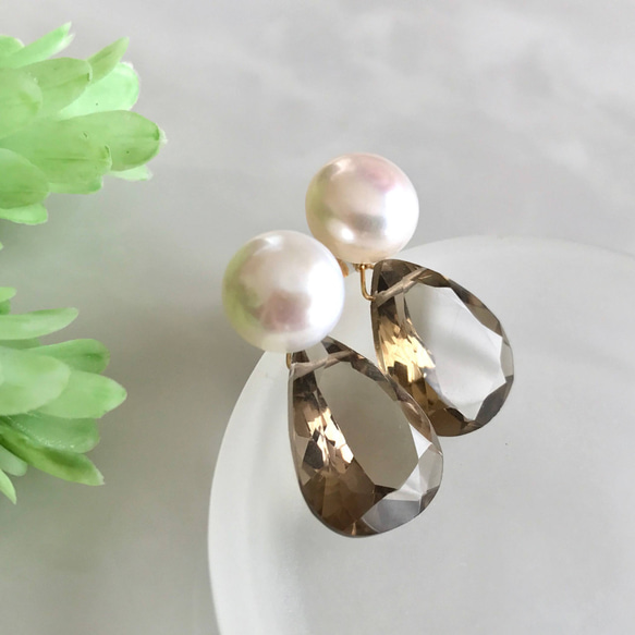 K14GF Freshwater pearl and Smoky quartz earrings 第7張的照片