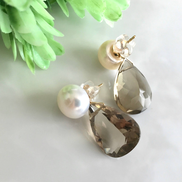 K14GF Freshwater pearl and Smoky quartz earrings 第10張的照片