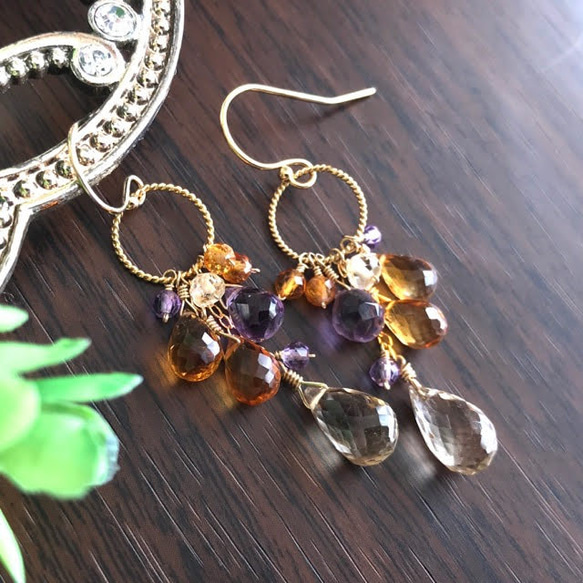 K14GF Champagne quartz and citrine Earrings 第2張的照片