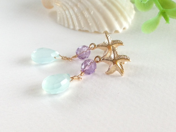 K14GF Starfish and Sea Blue Chalcedony Earrings 第9張的照片