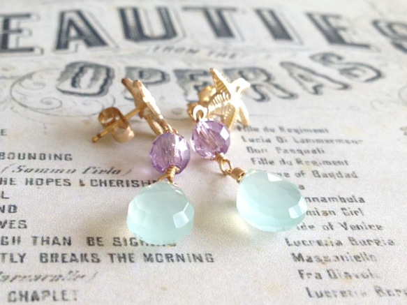 K14GF Starfish and Sea Blue Chalcedony Earrings 第3張的照片