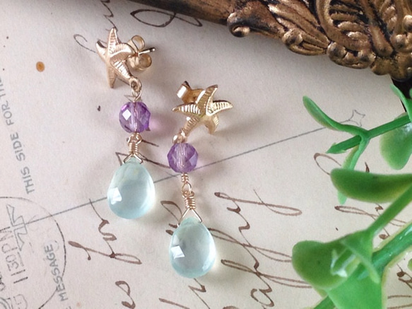 K14GF Starfish and Sea Blue Chalcedony Earrings 第8張的照片