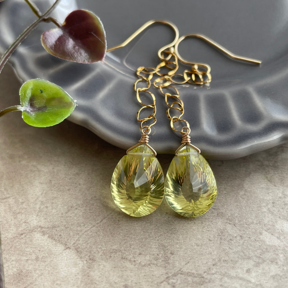 K14GF Lemon quartz long earrings 第2張的照片