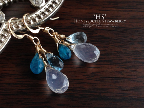 K14GF Silky quartz and blue gemstone earrings 第2張的照片