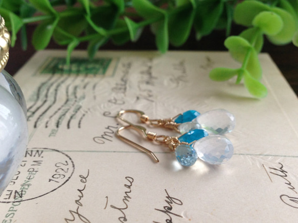 K14GF Silky quartz and blue gemstone earrings 第3張的照片