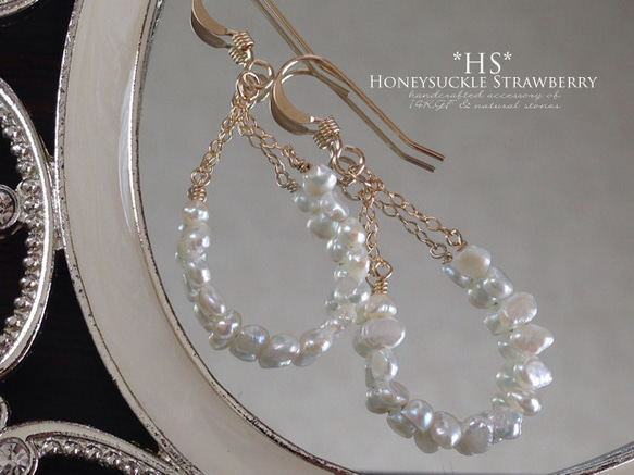 K14GF Freshwater pearl drop shape hoop earrings 第2張的照片