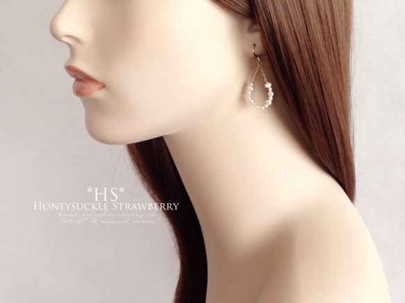 K14GF Freshwater pearl drop shape hoop earrings 第5張的照片