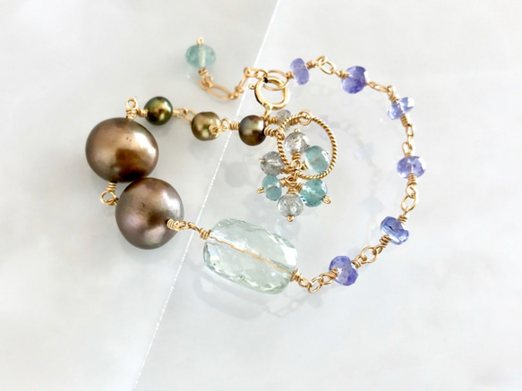 K14GF Green amethyst and brown pearl bracelet 第1張的照片