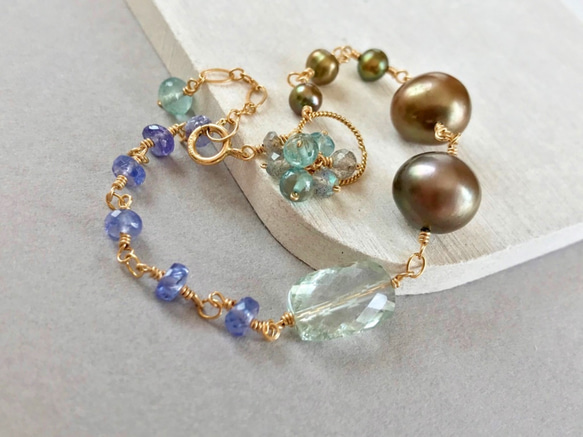 K14GF Green amethyst and brown pearl bracelet 第6張的照片