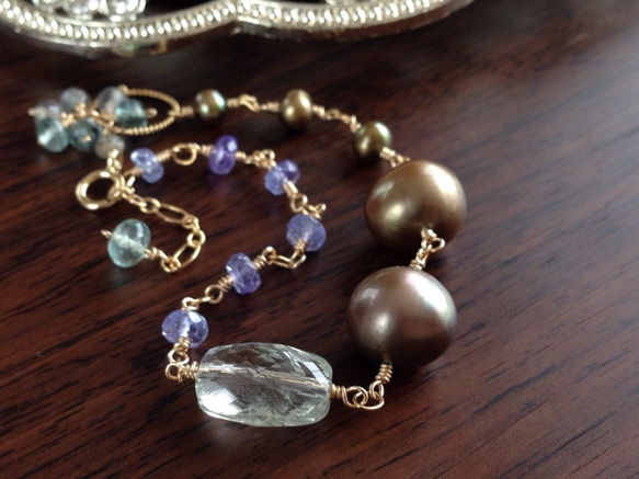 K14GF Green amethyst and brown pearl bracelet 第7張的照片