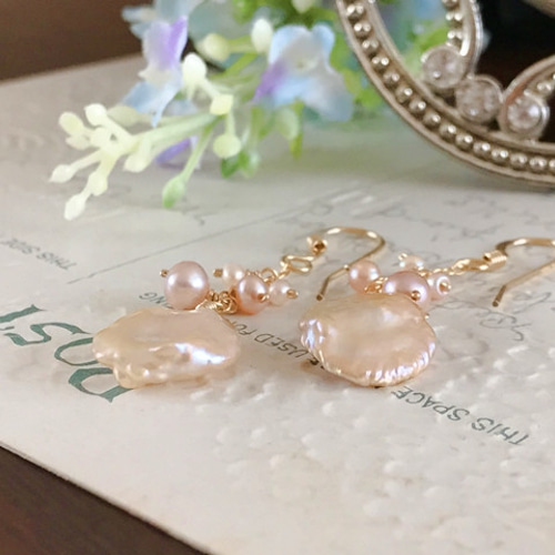 14kgf 花びら淡水パール ピアス/イヤリング flower bud ピアス（フック 