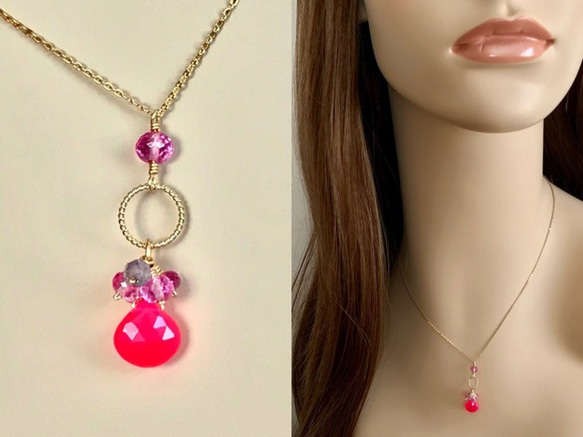 K14GF Fuchsia pink chalcedony and pink topaz necklace 第5張的照片