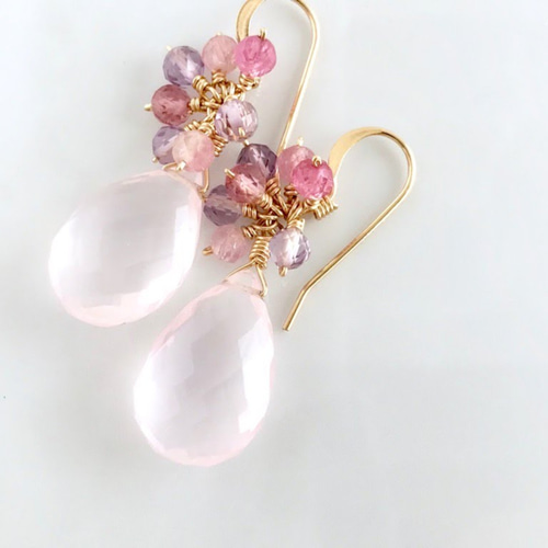 大粒ローズクォーツ ピアス/イヤリング 初桜(K14GF) ピアス