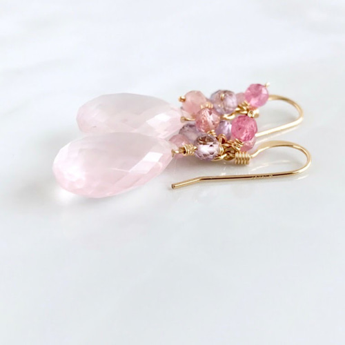 大粒ローズクォーツ ピアス/イヤリング 初桜(K14GF) ピアス
