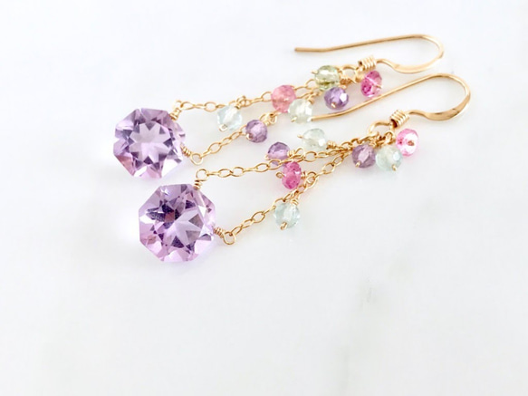 K14GF Pink Amethyst Earrings 第1張的照片