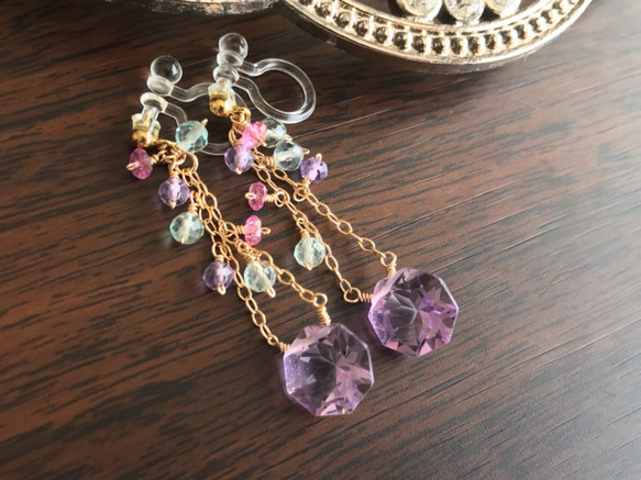 K14GF Pink Amethyst Clip Earrings 第9張的照片