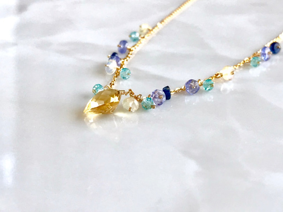 K14GF Citrine and blue gemstone necklace 第3張的照片