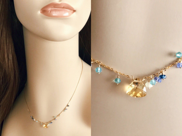 K14GF Citrine and blue gemstone necklace 第5張的照片