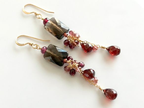 K14GF Smoky quartz and garnet earrings 第1張的照片