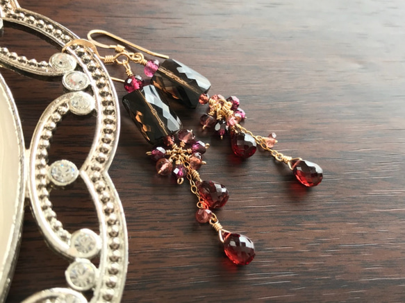 K14GF Smoky quartz and garnet earrings 第2張的照片