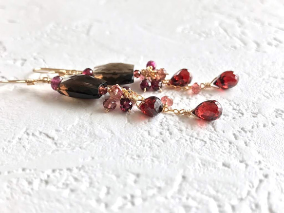 K14GF Smoky quartz and garnet earrings 第3張的照片