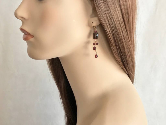 K14GF Smoky quartz and garnet earrings 第5張的照片