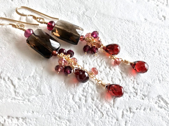 K14GF Smoky quartz and garnet earrings 第8張的照片