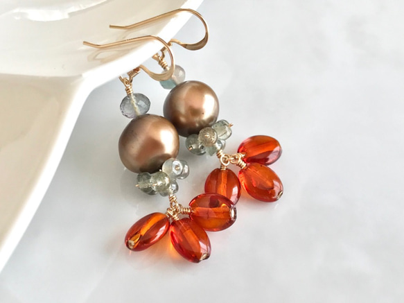 K14GF Brown pearl and amber earrings 第10張的照片