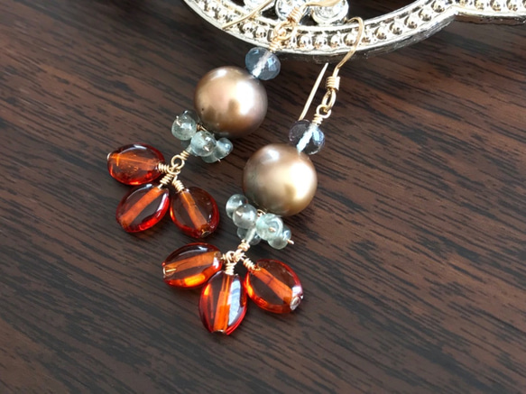 K14GF Brown pearl and amber earrings 第2張的照片
