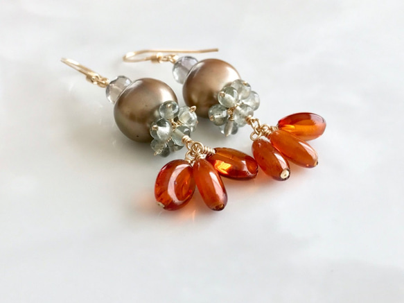 K14GF Brown pearl and amber earrings 第3張的照片