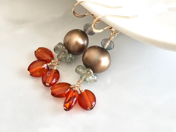 K14GF Brown pearl and amber earrings 第7張的照片