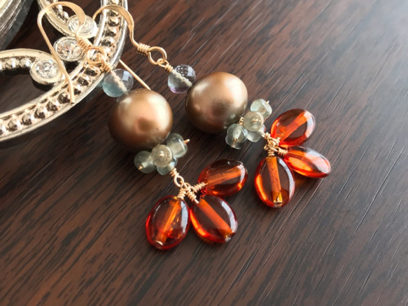 K14GF Brown pearl and amber earrings 第8張的照片