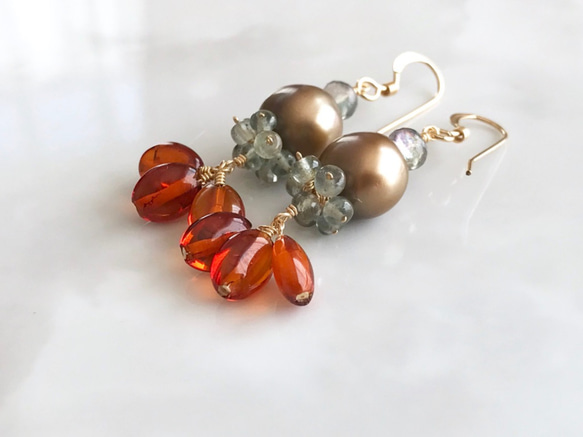 K14GF Brown pearl and amber earrings 第9張的照片