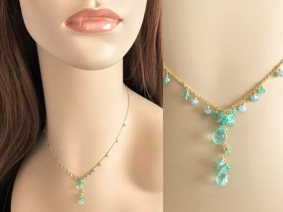 K14GF Mint Green Tourmaline and Emerald Necklace 第5張的照片