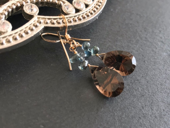 K14GF Smoky quartz and sapphire earrings. 第2張的照片