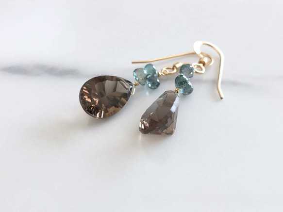 K14GF Smoky quartz and sapphire earrings. 第3張的照片