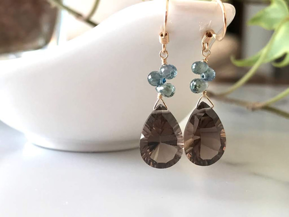 K14GF Smoky quartz and sapphire earrings. 第10張的照片