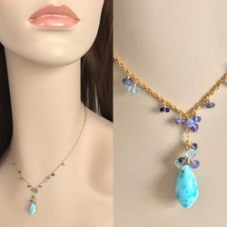 K14GF Large grain larimer and blue stone necklace 第5張的照片