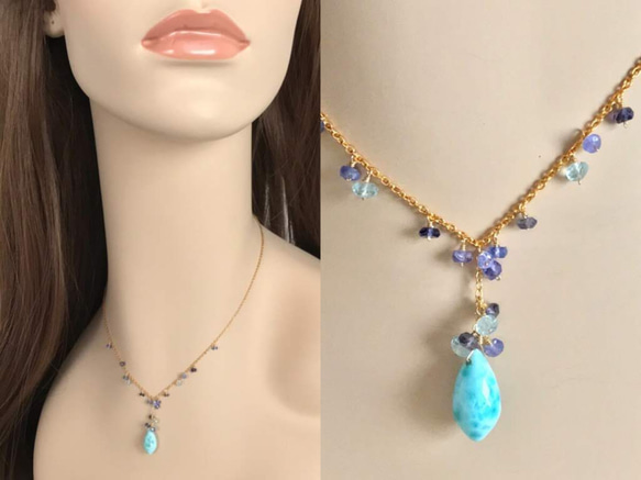 K14GF Large grain larimer and blue stone necklace 第5張的照片