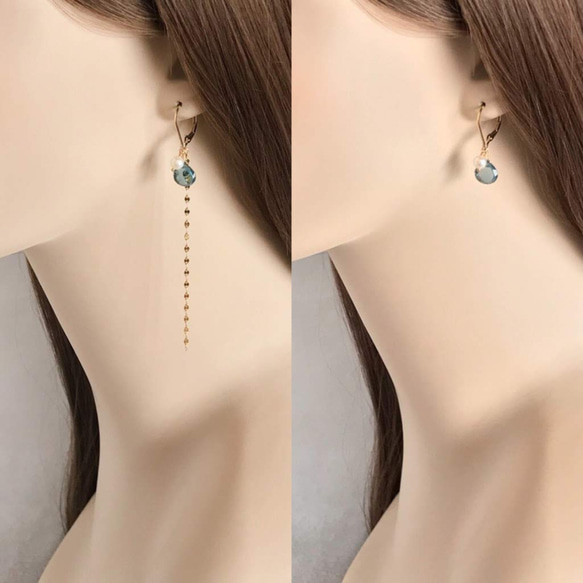 K14GF London blue topaz and long chain changeable earrings 第5張的照片