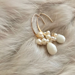 K14GF White Jade and Pearls Marquis Hook Earrings 第6張的照片