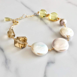 K14GF coin pearl and champagne/lemon quartz bracelet 第1張的照片