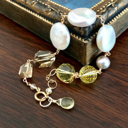 K14GF coin pearl and champagne/lemon quartz bracelet 第2張的照片