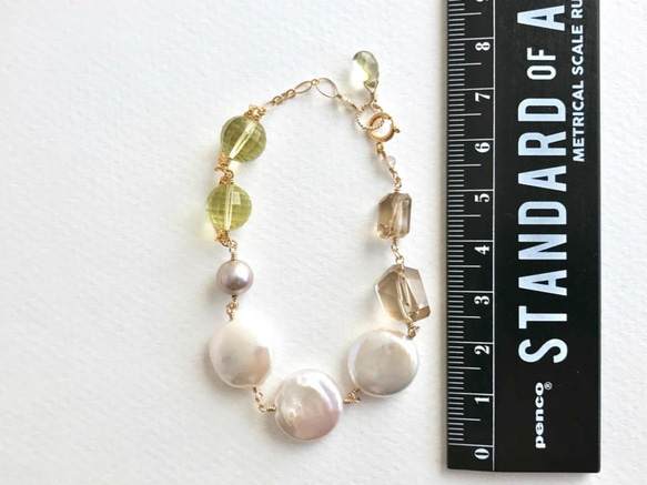 K14GF coin pearl and champagne/lemon quartz bracelet 第4張的照片