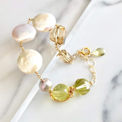 K14GF coin pearl and champagne/lemon quartz bracelet 第6張的照片