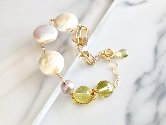 K14GF coin pearl and champagne/lemon quartz bracelet 第6張的照片