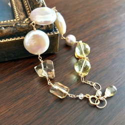 K14GF coin pearl and champagne/lemon quartz bracelet 第7張的照片