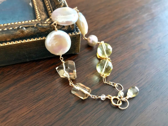 K14GF coin pearl and champagne/lemon quartz bracelet 第7張的照片