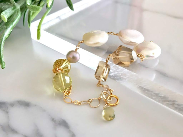 K14GF coin pearl and champagne/lemon quartz bracelet 第8張的照片